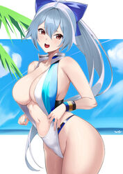  absurdres bare_shoulders blue_bow blue_one-piece_swimsuit blue_sky bow breasts center_opening cleavage collarbone fate/grand_order fate_(series) female hair_between_eyes hairbow highleg highleg_swimsuit highres kurozawa_yui large_breasts long_hair looking_at_viewer navel one-piece_swimsuit open_mouth palm_leaf ponytail red_eyes sky solo swimsuit thigh_strap thighs tomoe_gozen_(fate) tomoe_gozen_(swimsuit_saber)_(fate) tomoe_gozen_(swimsuit_saber)_(first_ascension)_(fate) two-tone_swimsuit white_hair white_one-piece_swimsuit wristband 