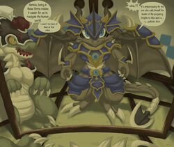  absurd_res after_transformation anthro armor bedroom bushiroad claws dialogue dragon duo english_text future_card_buddyfight hi_res male membrane_(anatomy) membranous_wings mirror mirror_reflection mythological_creature mythological_scalie mythology orcus_sword_dragon qrnrr reflection scalie speech_bubble star_dragoner_jackknife tail text wings 