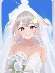  absurdres alternate_costume animal_ears annytf bare_shoulders blush bouquet breasts bridal_veil cleavage cloud cloud_etoile cloudy_sky collarbone dress elbow_gloves female fox_ears fox_girl gloves grey_hair grin hair_ornament highres indie_virtual_youtuber long_hair looking_at_viewer medium_breasts purple_eyes sky smile solo star_(symbol) star_hair_ornament upper_body veil virtual_youtuber wedding_dress 