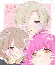  3girls ;q black_jacket blonde_hair blunt_bangs blush closed_mouth commentary crescent crescent_hair_ornament drawn_whiskers face_filter grey_hair hair_ornament hair_over_one_eye hands_on_own_cheeks hands_on_own_face heart highres inward_v jacket long_sleeves looking_at_viewer love_live! love_live!_nijigasaki_high_school_idol_club mia_taylor multiple_girls nakasu_kasumi notyu_maru one_eye_closed parted_lips pink_hair purple_eyes red_eyes short_hair sleeves_past_wrists tennoji_rina tongue tongue_out translated yellow_eyes 