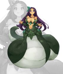  absurdres breasts closed_mouth female fingernails full_body green_nails green_scales hair_ornament highres lamia large_breasts long_hair looking_at_viewer monster_girl navel original purple_eyes scales shitoi_(aqua1487) smile solo tongue tongue_out white_background zoom_layer 