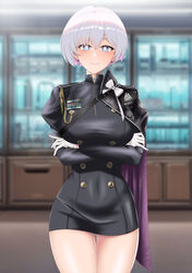  +_+ absurdres arms_under_breasts black_cape black_dress blue_eyes blurry breasts cape closed_mouth colored_inner_hair covered_navel cowboy_shot depth_of_field dress earrings female gloves goddess_of_victory:_nikke highres indoors jewelry light_blush liliweiss_(nikke) looking_at_viewer medium_breasts military_uniform multicolored_hair pink_hair purple_cape ramiki_(ramesgoag) short_hair skin_tight smile solo star-shaped_pupils star_(symbol) symbol-shaped_pupils two-tone_cape uniform white_gloves white_hair 