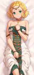  2023 blonde_hair bracelet clothed clothing crown dakimakura dakimakura_design dakimakura_pose dress female green_eyes hair headgear humanoid humanoid_pointy_ears hylian iwbitu jewelry light_body light_skin lying necklace nintendo not_furry on_back princess_zelda solo tears_of_the_kingdom the_legend_of_zelda tiara 