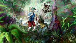  16:9 4k absurd_res anthro colorful_background colorful_theme detailed detailed_background duo extinct felid forest forest_background heterochromia hi_res hiking male male/male mammal nature nature_background painterly plant prehistoric_species rainforest saber-toothed_tiger sergal smile sydney_onmars tail tree walking_stick widescreen 