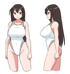  black_hair breasts brown_eyes competition_swimsuit cropped_legs female kantai_collection large_breasts long_hair looking_at_viewer multiple_views nagato_(kancolle) one-piece_swimsuit simple_background swimsuit tamu_(mad_works) white_background white_one-piece_swimsuit 