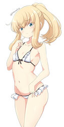  alice_gear_aegis bare_arms bare_shoulders bikini blonde_hair blush breasts closed_mouth collarbone colored_eyelashes commentary_request female frilled_bikini frills green_eyes groin hand_up highres looking_at_viewer navel noelle_francesca ponytail simple_background small_breasts solo swimsuit tamayan twitter_username white_background white_bikini 