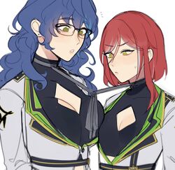  2girls aoba_tsumugi blue_hair breasts cleavage_cutout clothing_cutout ensemble_stars! genderswap_(mtf) green_eyes large_breasts long_hair lummy_yummy medium_breasts multicolored_hair multiple_girls red_hair rule_63 sakasaki_natsume short_hair_with_long_locks wavy_hair white_hair yellow_eyes 