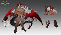  1boy abs absurdres baimeme bara body_markings bulge commission covered_penis dark-skinned_male dark_skin demon_boy dragon_boy dragon_horns facial_mark framed_crotch full_body glowing_tattoo highres horns jockstrap large_hands large_pectorals long_hair looking_at_viewer male_focus male_underwear mature_male multiple_horns muscular muscular_male navel nipples original pectorals pointy_ears red_horns red_wings reference_inset seductive_smile smile spread_wings stomach stomach_tattoo strongman_waist tattoo thick_eyebrows thick_tail thick_thighs thighs topless_male underwear very_long_fingernails very_long_hair white_male_underwear wings 