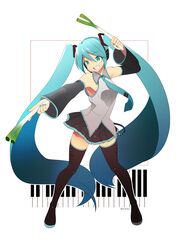  absurdres aqua_eyes aqua_hair aqua_nails aqua_necktie armpits bare_shoulders black_footwear black_skirt blue_hair boots breasts collared_shirt commentary detached_sleeves female food full_body grin hair_between_eyes hair_ornament hatsune_miku headset highres holding holding_food holding_spring_onion holding_vegetable igusaharu long_hair medium_breasts miniskirt nail_polish necktie pleated_skirt shadow shirt sidelocks skirt sleeveless sleeveless_shirt smile solo spring_onion standing teeth thigh_boots twintails twitter_username vegetable very_long_hair vocaloid white_background wide_sleeves zettai_ryouiki 