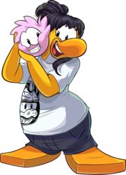  absurd_res alpha_channel ambiguous_gender avian bird black_bottomwear black_clothing black_hair black_pants bottomwear clothing club_penguin duo female full-length_portrait hair hi_res looking_at_another medium_hair official_art open_mouth pants penguin pink_body portrait print_clothing print_shirt print_topwear puffle shirt short_sleeves teeth toony topwear unknown_artist updo upper_teeth_only white_clothing white_shirt white_topwear yellow_body 