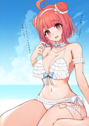  ahoge beach bikini blue_bow blue_sky blunt_bangs blush bow bracelet breasts choker cloud day double_bun female fishnets frilled_bikini frilled_choker frills hair_bun hair_ornament hairband head_tilt heart_o-ring highres horizon jewelry large_breasts looking_at_viewer miramira1908 navel nose_blush o-ring o-ring_thigh_strap ocean open_mouth orange_eyes orange_hair outdoors pink_nails short_hair side-tie_bikini_bottom sitting sky solo star_(symbol) star_hair_ornament swimsuit thigh_strap thighs twirling_hair virtual_youtuber vspo! wariza water wet white_bikini white_choker white_hairband yumeno_akari yumeno_akari_(summer_c102) 