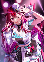  black_nails bow breasts concert female hairbow highres holding holding_microphone hololive hololive_english hololive_idol_uniform_(bright) horns idol irys_(hololive) long_hair looking_at_viewer medium_breasts microphone multicolored_hair multicolored_nails nail_polish navel oerba_yun_fang official_alternate_costume one_eye_closed open_mouth pink_eyes pink_nails pointy_ears purple_hair red_hair skyrail smile solo virtual_youtuber 