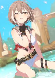  absurdres ahoge belt bikini braid brown_eyes brown_hair earrings female gloves gorimaro highres hololive hololive_english jewelry nanashi_mumei navel partially_fingerless_gloves short_hair skindentation solo swimsuit thigh_strap virtual_youtuber water white_bikini 