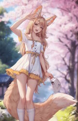  :d ahoge alternate_hair_length alternate_hairstyle animal_ear_piercing animal_ears arm_up bag braid brown_eyes brown_hair cherry_blossoms commentary dress english_commentary feet_out_of_frame female flat_chest fox_ears fox_girl fox_tail handbag highres holding holding_bag khiara_(personal_ami) large_tail long_hair looking_at_viewer off-shoulder_dress off_shoulder open_mouth original outdoors personal_ami side_braids signature smile socks solo tail teeth upper_teeth_only very_long_hair white_dress white_socks 