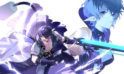  1boy black_gloves black_hair black_pants blue_eyes bra breasts cleavage coat electricity eyepatch female fingerless_gloves glasses gloves glowing green_eyes green_hair grey_coat holding holding_sword holding_weapon jacket medium_breasts open_mouth pandoria_(xenoblade) pants pointy_ears purple_bra purple_jacket short_hair simple_background stephanieh81080 sword tail underwear weapon white_background xenoblade_chronicles_(series) xenoblade_chronicles_2 zeke_von_genbu_(xenoblade) 