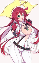  ahoge ankh_necklace ass_visible_through_thighs bell-bottoms belt blunt_ends bodysuit breasts broken_halo chemaru_(a8l) cleavage colored_inner_hair covered_nipples female front_slit gloves green_eyes guilty_gear guilty_gear_strive halo highres jack-o&#039;_valentine large_breasts long_hair long_sleeves multicolored_hair pants red_gloves red_hair skull_belt solo spiked_halo studded_belt too_many too_many_belts very_long_hair white_bodysuit white_hair 