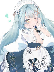  ;) absurdres apron aqua_hair blue_dress closed_mouth commentary_request dress faruzan_(cafe)_(genshin_impact) faruzan_(genshin_impact) female frilled_apron frills genshin_impact green_eyes hair_ornament hands_up highres long_hair looking_at_viewer maid maid_apron maid_headdress official_alternate_costume one_eye_closed puffy_short_sleeves puffy_sleeves shirt short_sleeves smile solo symbol-shaped_pupils triangle-shaped_pupils twintails ura_(hamburg_oniku) very_long_hair waist_apron white_apron white_shirt white_wrist_cuffs wrist_cuffs x_hair_ornament 