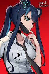  absurdres animal_ears bear_ears bear_girl black_choker black_hair black_mask black_necktie blue_eyes blue_hair breasts buttons choker collared_shirt dated female fujikura_uruka headphones highres long_hair mask mask_pull mouth_mask multicolored_hair necktie phase_connect ponytail red_background shirt sidelocks silva_arts solo streaked_hair upper_body virtual_youtuber white_shirt x 