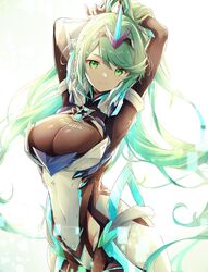  armpits arms_behind_head black_bodysuit bodysuit breasts closed_mouth commentary covered_navel female green_eyes green_hair headpiece highres large_breasts long_hair looking_at_viewer pneuma_(xenoblade) ponytail simple_background smile solo swept_bangs ui_frara very_long_hair white_background xenoblade_chronicles_(series) xenoblade_chronicles_2 