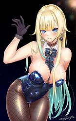  aizawa_ema bare_shoulders between_breasts black_choker black_gloves blonde_hair blue_bow blue_bowtie blue_eyes blue_leotard blunt_bangs bow bowtie breasts brown_pantyhose cat_earrings choker closed_mouth covered_navel detached_collar female fishnet_pantyhose fishnets gloves gradient_hair green_hair hair_flaps hair_ornament highleg highleg_leotard highres lace lace_choker large_breasts leaning_forward leotard long_hair looking_at_viewer multicolored_hair pantyhose playboy_bunny prsdubstep signature smile solo star_(sky) strapless strapless_leotard twintails very_long_hair virtual_youtuber vspo! wing_collar 