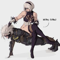  1boy 2b_(nier:automata) alternate_muscle_size black_blindfold blindfold boots breasts clothing_cutout commentary covered_abs covered_eyes cowgirl_position crossed_legs crossover cyborg deltoids english_commentary exercising female finger_push-ups grey_hair high_heels highleg highleg_leotard highres jpeg_artifacts large_breasts leotard metal_gear_(series) metal_gear_rising:_revengeance mole mole_under_mouth muscular muscular_female nier:automata nier_(series) push-ups raiden_(metal_gear) short_hair sitting sitting_on_person stiletto_heels strong thick_thighs thigh_boots thighhighs thighhighs_under_boots thighs thong_leotard trait_connection underboob_cutout weight yoracrab 