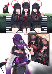  5girls absurdres beret black_choker black_gloves black_hair black_headwear black_sailor_collar black_serafuku black_skirt blue_archive blush choker closed_mouth commentary_request easy_hasumi_(blue_archive)_(mecham) eating em-2 feet_out_of_frame food gloves gun hair_over_eyes halo hasumi_(blue_archive) hat hie_(hiememiko) hiememiko highres holding holding_food holding_gun holding_weapon justice_task_force_member_(blue_archive) long_hair long_sleeves multiple_girls neckerchief open_mouth pleated_skirt purple_hair red_halo red_neckerchief rifle sailor_collar school_uniform serafuku skirt smile weapon 