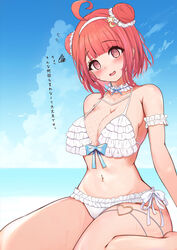  @_@ ahoge beach bikini blue_bow blue_sky blunt_bangs blush bow breasts choker cloud day double_bun female fishnets flying_sweatdrops frilled_bikini frilled_choker frills hair_bun hair_ornament hairband head_tilt heart_o-ring highres horizon large_breasts looking_at_viewer miramira1908 navel nose_blush o-ring o-ring_thigh_strap ocean open_mouth orange_eyes orange_hair outdoors short_hair side-tie_bikini_bottom sitting sky solo star_(symbol) star_hair_ornament swimsuit thigh_strap thighs virtual_youtuber vspo! wariza water wet white_bikini white_choker white_hairband yumeno_akari yumeno_akari_(summer_c102) 