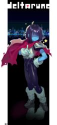  1boy armor black_hair blue_skin boots bulge capelet colored_skin commentary copyright_name deltarune eigaka expressionless full_body genderswap_(otm) gloves hand_on_own_hip highres kris_(deltarune) male_focus pants pointing pointing_at_viewer red_capelet rule_63 shaded_face shoulder_armor signature skin_tight solo sparkle tight_clothes tight_pants white_gloves 