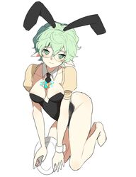  animal_ears barefoot black_bow black_bowtie black_leotard bow bowtie breasts cleavage closed_mouth core_crystal_(xenoblade) fake_animal_ears female full_body glasses green_eyes green_hair highres holding holding_plate leotard medium_breasts pandoria_(xenoblade) plate playboy_bunny pointy_ears rabbit_ears short_hair simple_background stephanieh81080 strapless strapless_leotard white_background wrist_cuffs xenoblade_chronicles_(series) xenoblade_chronicles_2 