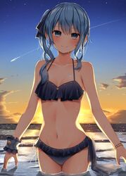  absurdres bare_arms bare_shoulders bikini blue_bikini blue_eyes blue_hair blue_ribbon blush bracelet breasts closed_mouth cloud comet commentary_request cowboy_shot female hair_ribbon highres hololive hoshimachi_suisei jewelry long_hair looking_at_viewer navel outdoors pepushi_drow revision ribbon side_ponytail sky small_breasts smile solo standing star_(sky) star_(symbol) stomach sunset swimsuit teeth upper_teeth_only virtual_youtuber water wet wrist_cuffs 