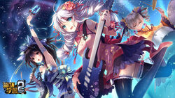  3girls arm_up bare_shoulders benghuai_xueyuan black_hair blue_eyes bow braid breasts bronya_zaychik chinese_clothes concert copyright_name detached_sleeves drill_hair drum drum_set drumsticks earrings electric_guitar flower grey_hair guitar hair_flower hair_ornament hair_ribbon hairbow high_heels highres holding holding_guitar holding_instrument holding_microphone honkai_(series) ibanez instrument jewelry kiana_kaslana long_hair microphone multiple_girls music night night_sky official_art open_mouth playing_instrument raiden_mei ribbon second-party_source skirt sky star_(sky) starry_sky thighhighs twin_braids white_hair 