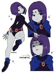  black_leotard blue_cloak cloak colored_skin cremanata dc_comics female forehead_jewel gem grey_skin leotard looking_back meme multiple_views pathetic_(meme) purple_eyes purple_hair raven_(dc) red_gemstone short_hair teen_titans 