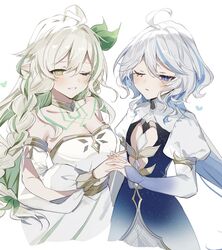  2girls bare_shoulders blue_brooch blue_hair blush breasts cleavage commentary detached_sleeves dress drop-shaped_pupils flat_chest focalors_(genshin_impact) genshin_impact gold_choker gold_collar gradient_dress green_eyes hair_between_eyes hair_ornament highres holding_hands juliet_sleeves leaf_hair_ornament light_blue_hair long_hair long_sleeves medium_breasts multicolored_hair multiple_girls one_eye_closed parted_lips pointy_ears puffy_sleeves rukkhadevata_(genshin_impact) smile sorani_(kaeru0768) spoilers symbol-shaped_pupils two-tone_dress very_long_hair white_background white_dress white_hair 