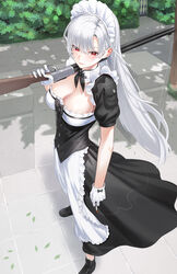  apron breasts cigarette cleavage commentary_request female gloves grey_hair gun highres holding holding_cigarette holding_gun holding_weapon kfr large_breasts lever_action long_hair looking_at_viewer maid maid_apron maid_headdress original outdoors puffy_short_sleeves puffy_sleeves red_eyes short_sleeves shotgun smile solo standing weapon white_gloves 