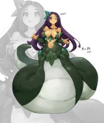  absurdres blush breasts closed_mouth female fingernails full_body green_nails green_scales hair_ornament highres lamia large_breasts long_hair looking_at_viewer monster_girl navel one_eye_closed original purple_eyes scales shitoi_(aqua1487) translation_request variations white_background zoom_layer 