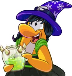  alpha_channel avian bird black_clothing black_dress black_hair blue_clothing blue_headwear bone clothing club_penguin dress female green_clothing green_dress green_liquid hair hat headgear headwear hi_res holding_jar long_hair looking_aside multicolored_clothing multicolored_dress official_art open_mouth orange_body penguin print_clothing print_headgear print_headwear snowflake_print solo toony twintails two_tone_clothing two_tone_dress unknown_artist upper_body upper_teeth_only witch_hat 