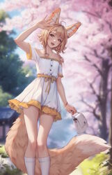  :d ahoge animal_ear_piercing animal_ears arm_up bag braid brown_eyes brown_hair cherry_blossoms dress feet_out_of_frame female flat_chest fox_ears fox_girl fox_tail handbag highres holding holding_bag khiara_(personal_ami) large_tail looking_at_viewer medium_hair off-shoulder_dress off_shoulder open_mouth original outdoors personal_ami side_braids signature smile socks solo tail teeth upper_teeth_only white_dress white_socks 