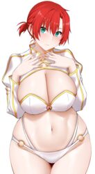  absurdres arind_yudha ass bikini blush boudica_(fate) breasts cleavage earrings fate/grand_order fate_(series) female green_eyes highres jewelry large_breasts long_sleeves looking_at_viewer looking_back navel o-ring red_hair short_hair short_ponytail shrug_(clothing) smile solo swimsuit thighs white_bikini 