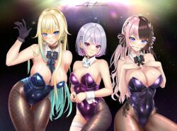  3girls aizawa_ema bare_shoulders between_breasts black_bow black_bowtie black_choker black_gloves black_hair black_nails black_pantyhose blonde_hair blue_bow blue_bowtie blue_eyes blue_gemstone blue_leotard blunt_bangs bob_cut bow bowtie breasts brown_pantyhose cat_earrings choker closed_mouth colored_inner_hair covered_navel detached_collar ear_piercing earrings fishnet_pantyhose fishnets gem gloves gradient_hair green_hair grey_hair hair_flaps hair_ornament hairclip hands_on_own_chest highleg highleg_leotard highres iris_black_games jewelry lace lace_choker large_breasts leaning_forward leotard long_hair looking_at_viewer medium_breasts multicolored_hair multiple_girls o-ring o-ring_choker pantyhose piercing pink_eyes pink_hair playboy_bunny prsdubstep purple_leotard short_hair side-tie_leotard signature single_leg_pantyhose smile split-color_hair star_(sky) strapless strapless_leotard streaked_hair tachibana_hinano_(vtuber) thighhighs tosaki_mimi twintails two-tone_hair very_long_hair virtual_youtuber vspo! white_thighhighs wing_collar wrist_cuffs x_hair_ornament 