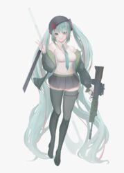  absurdly_long_hair absurdres aqua_eyes aqua_hair assault_rifle black_skirt breasts bullpup commentary_request commission detached_sleeves female full_body gun hat hatsune_miku highres holding holding_gun holding_sword holding_weapon l85 long_hair looking_at_viewer medium_breasts multicolored_hair necktie pixiv_commission red_hair rifle skirt solo sweater sword tachibana_shiori_(suica_112) twintails two-tone_hair very_long_hair vocaloid weapon 