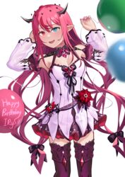  absurdres armpits balloon blue_eyes bow breasts cleavage detached_collar detached_sleeves dress fangs female flower hairbow halo happy_birthday heterochromia highres hololive hololive_english horns irys_(hololive) irys_(irys_2.0)_(hololive) jewelry long_hair long_sleeves looking_at_viewer medium_breasts multicolored_hair nail_polish pink_nails pointy_ears purple_hair red_eyes red_flower red_hair shift_(shiftillust) short_dress smile solo teeth thighhighs upper_teeth_only virtual_youtuber 