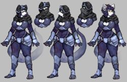  absurd_res amphibian anthro armor black_hair braided_hair breasts cleavage clothed clothing cycadaacolyte eyewear f.m.merill feet female glasses goggles green_eyes grey_body grey_skin hair hi_res newt nirmala_firestarter nirmala_newt pompetune salamander solo tail tight_suit toes 