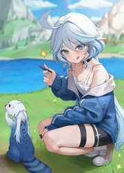  1other :q alternate_costume bare_shoulders black_shorts blue_eyes blue_fur blue_hair blue_jacket blurry blurry_background breasts female furina_(genshin_impact) genshin_impact grass hair_between_eyes heterochromia holding holding_pen jacket lake leisurely_otter_(genshin_impact) long_hair long_sleeves mismatched_pupils mookyuu9 multicolored_fur multicolored_hair otter outdoors pen shoes short_shorts shorts small_breasts spaghetti_strap sparkle squatting tongue tongue_out white_fur white_hair 