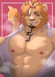  1boy abs absurdres animal_ears bara bare_pectorals commentary_request dotsu_(wtnbkwiyd) eyewear_in_mouth facial_hair furry furry_male goatee highres indie_virtual_youtuber kinji_ninomiya lion_boy lion_ears lion_mane lion_tail looking_at_viewer male_focus mouth_hold partially_undressed pectorals pink_background red_eyes sparkle tail undressing virtual_youtuber 