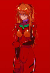  ass_visible_through_thighs averting_eyes bodysuit breasts clip_studio_paint_(medium) closed_mouth commentary cowboy_shot female frown highres interface_headset long_hair medium_breasts neon_genesis_evangelion orange_hair pilot_suit plugsuit purple_eyes red_background red_bodysuit red_theme signature simple_background solo souryuu_asuka_langley standing sumustard turtleneck 