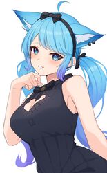  ahoge animal_ear_fluff animal_ear_piercing animal_ears black_bow black_bowtie black_dress black_hairband blue_eyes blue_hair blush bow bowtie breasts brooch cleavage cleavage_cutout clothing_cutout collared_dress dog_ears dog_girl dress earrings female frilled_shirt_collar frills grin hairband hairbow hand_on_own_chin highres jewelry large_breasts long_hair looking_at_viewer low_twintails medium_bangs multiple_earrings nanashi_inc. nishino_eri official_alternate_costume paw_print simple_background sleeveless sleeveless_dress smile solo souya_ichika souya_ichika_(6th_costume) twintails upper_body virtual_youtuber white_background 