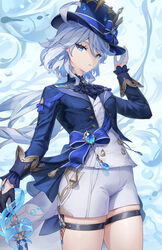  asymmetrical_gloves blue_eyes blue_hair blue_jacket cowlick female furina_(genshin_impact) genshin_impact gloves hat highres jacket light_blue_hair long_hair long_sleeves looking_at_viewer mismatched_gloves multicolored_hair shorts solo splendor_of_tranquil_waters_(genshin_impact) stormstx thighs top_hat white_shorts 