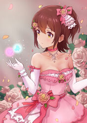  absurdres bare_shoulders blush breasts brown_hair bug butterfly choker cleavage collarbone detached_sleeves dress falling_petals female flower flower_ornament glowing_butterfly highres idolmaster idolmaster_million_live! kasuga_mirai koaya looking_to_the_side one_side_up petals pink_choker pink_dress pink_flower pink_rose rose small_breasts solo 