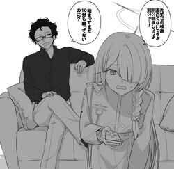  1boy blue_archive braid controller couch cropped_jacket crossed_legs cushion female furrowed_brow general_student_council_president_(blue_archive) glasses greyscale hair_over_one_eye halo highres holding holding_remote_control inotukuhito long_hair long_skirt long_sleeves looking_at_viewer monochrome on_couch open_mouth pants problem_solver_sensei_(blue_archive) remote_control sensei_(blue_archive) shirt sitting skirt speech_bubble sweat translation_request upper_body very_long_hair wavy_mouth 