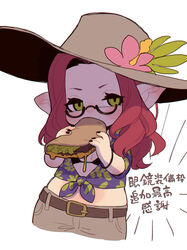  belt bikini black_bikini black_nails brown_belt commentary_request female final_fantasy final_fantasy_xiv flat_chest food front-tie_top glasses green_eyes hat highres holding holding_food lalafell midriff pointy_ears red_hair semi-rimless_eyewear solo swimsuit taco translation_request under-rim_eyewear upper_body warrior_of_light_(ff14) zombiemiso 